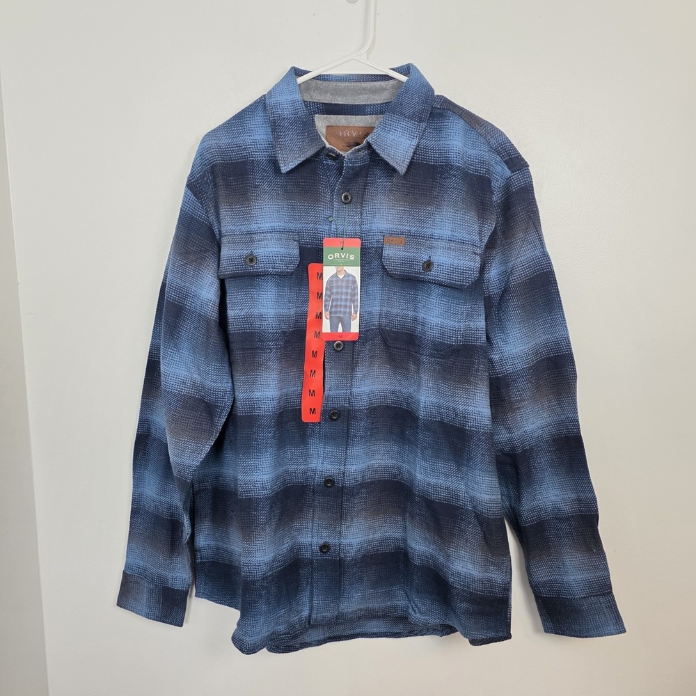 Orvis Blue Plaid Button Up Heavyweight Flannel Outdoor Shirt Size Medium